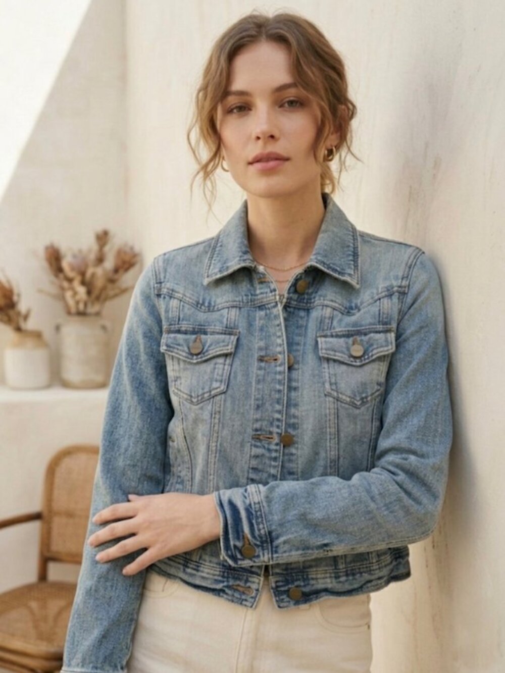 Mossimo Denim Distressed Trucker Jacket Floral Lining Light Wash Blue Medium